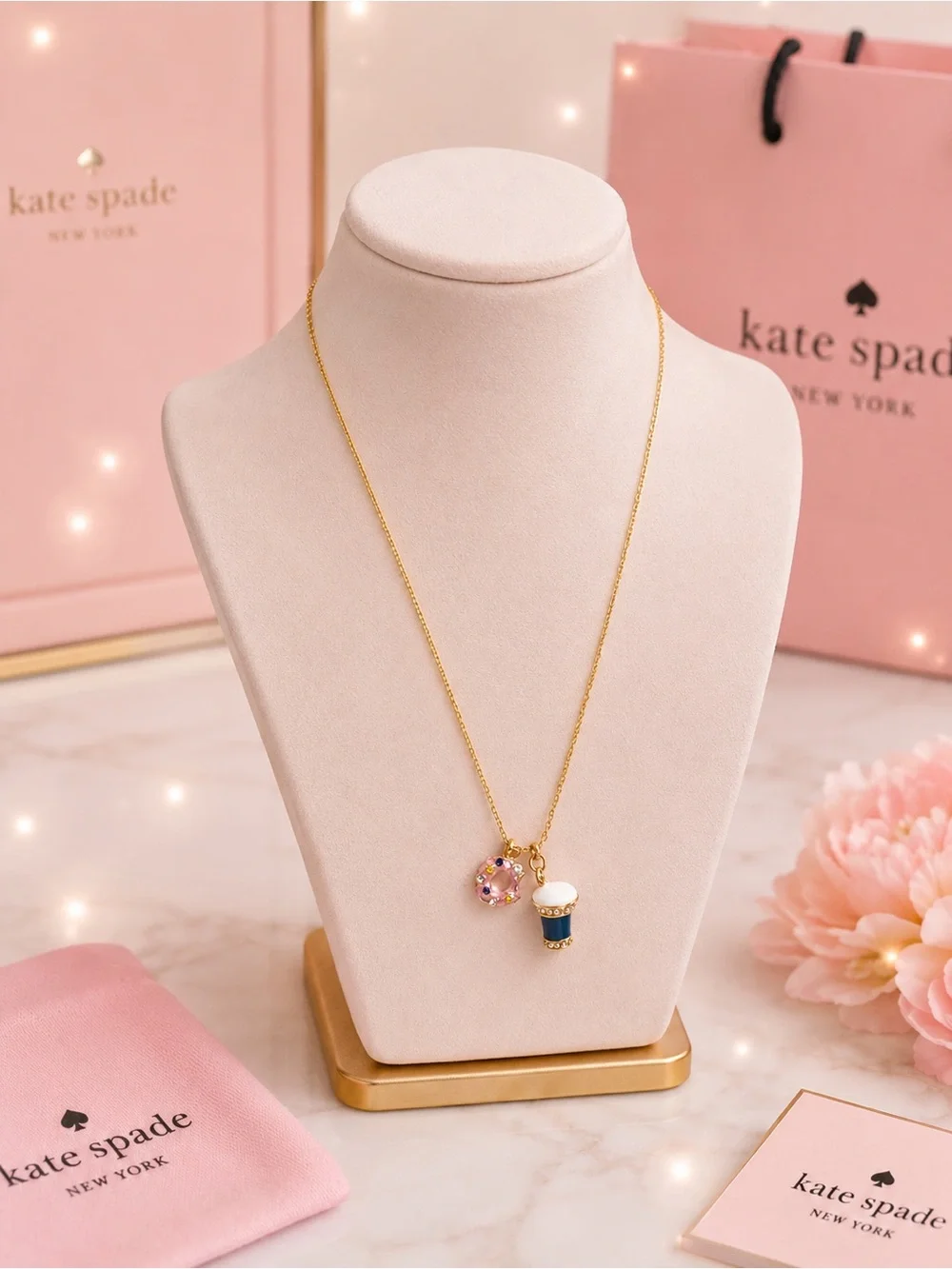 Kate Spade New York Coffee Cup & Donut Charm Necklace ☕🍩 | Gold Tone